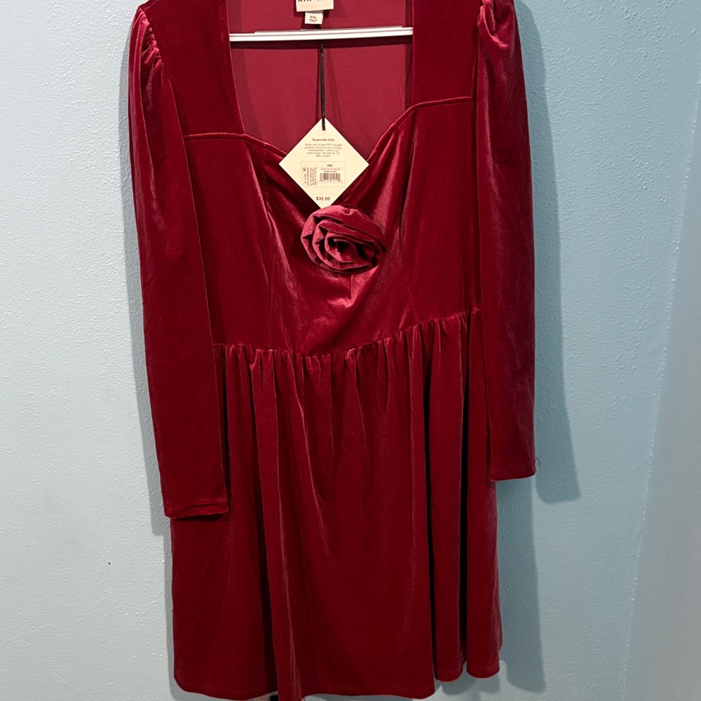 Ava & Viv Elegant Red Velvet Dress with Rose detail and sweetheart neckline